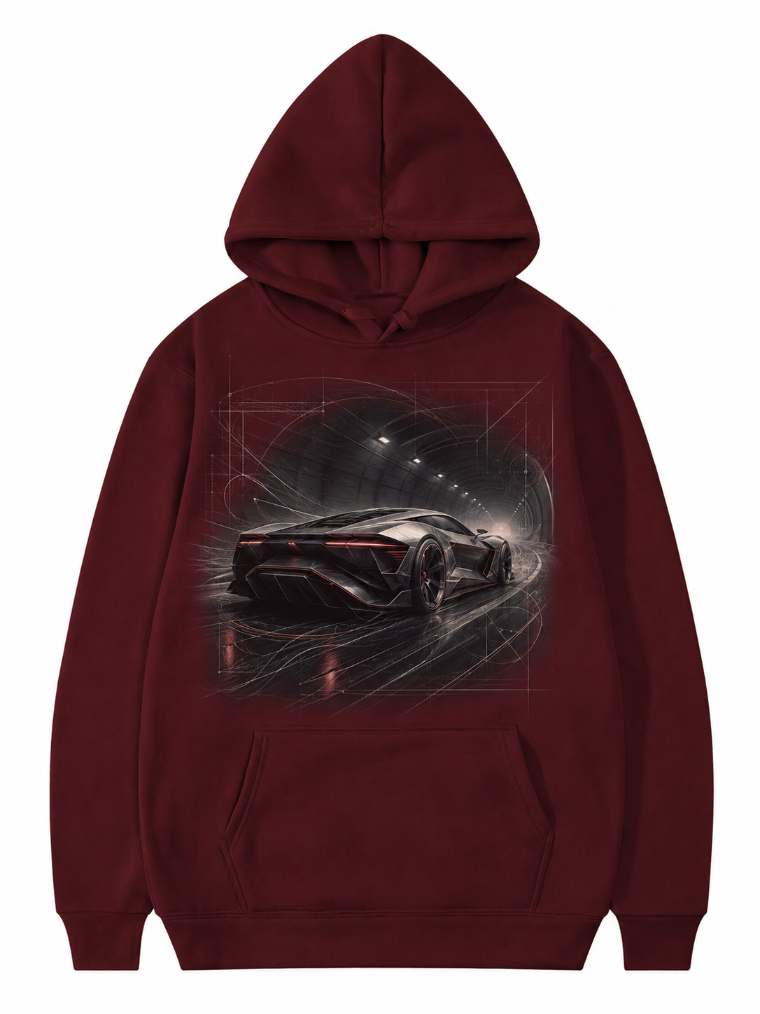 YAHIVO deep-red hoodie with fictional hypercar artwork