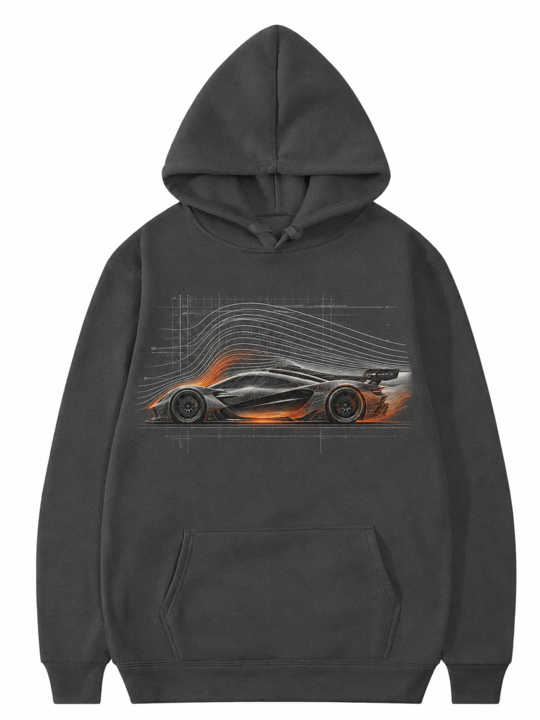 YAHIVO dark-gray hoodie with fictional wind-tunnel hypercar artwork