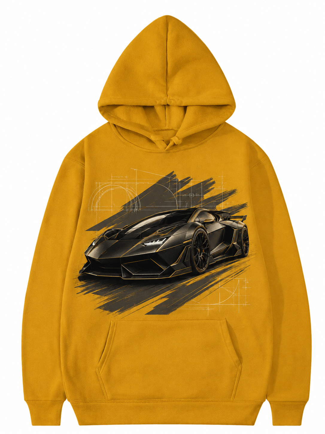 YAHIVO yellow hoodie with fictional angular hypercar artwork