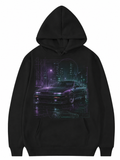 YAHIVO black hoodie with fictional JDM night-city artwork