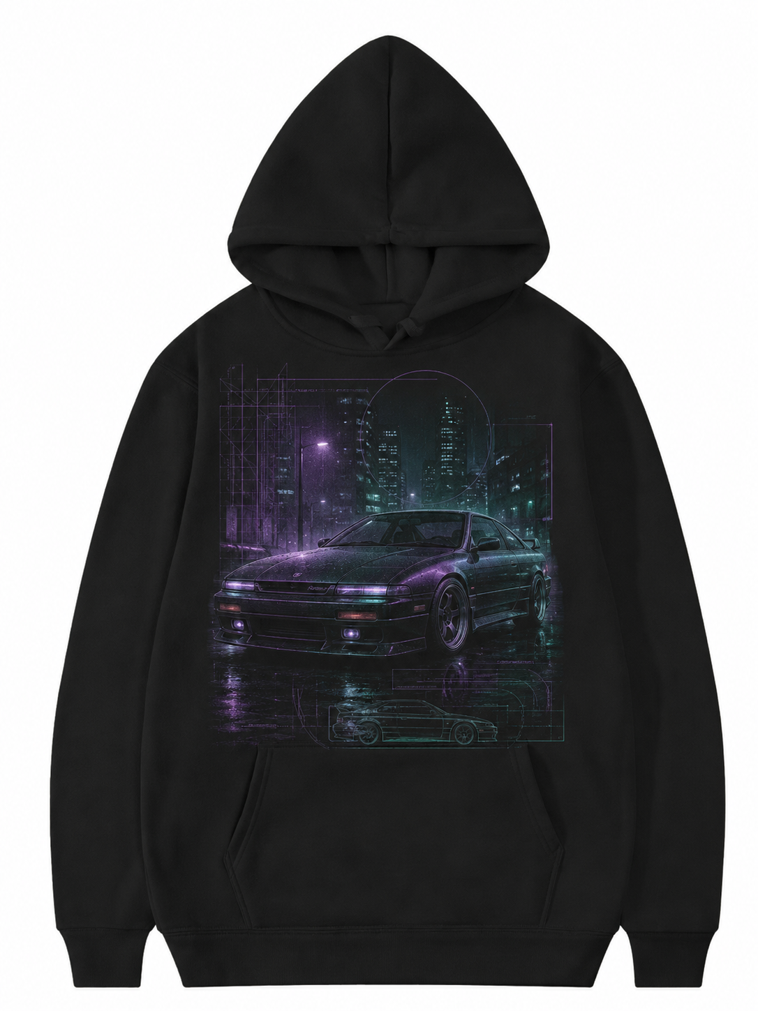 YAHIVO black hoodie with fictional JDM night-city artwork