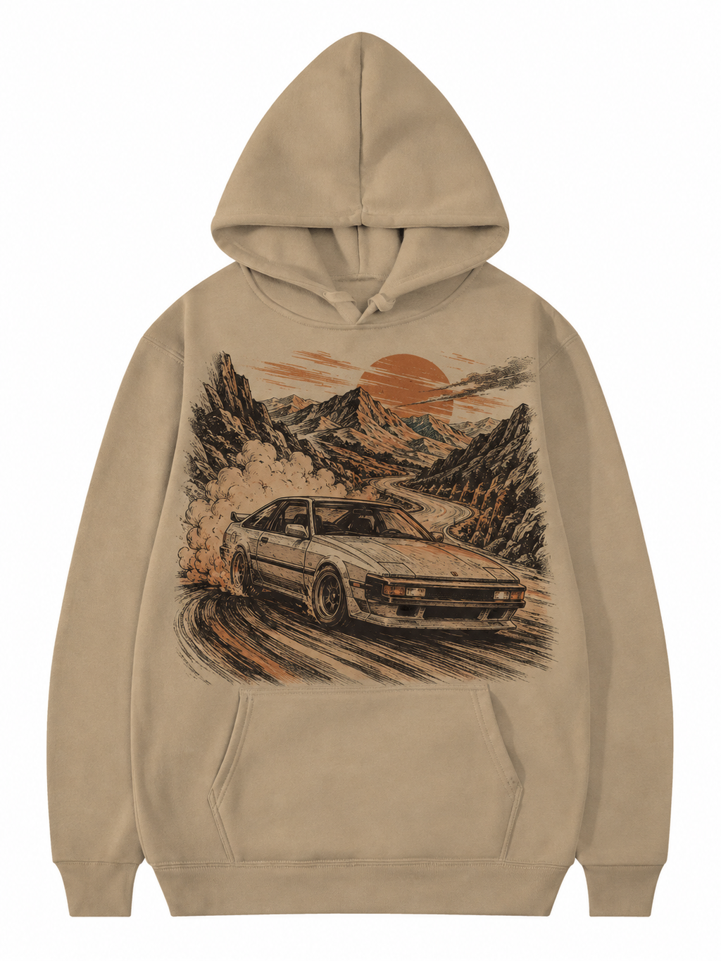 YAHIVO tan hoodie with fictional JDM rally artwork